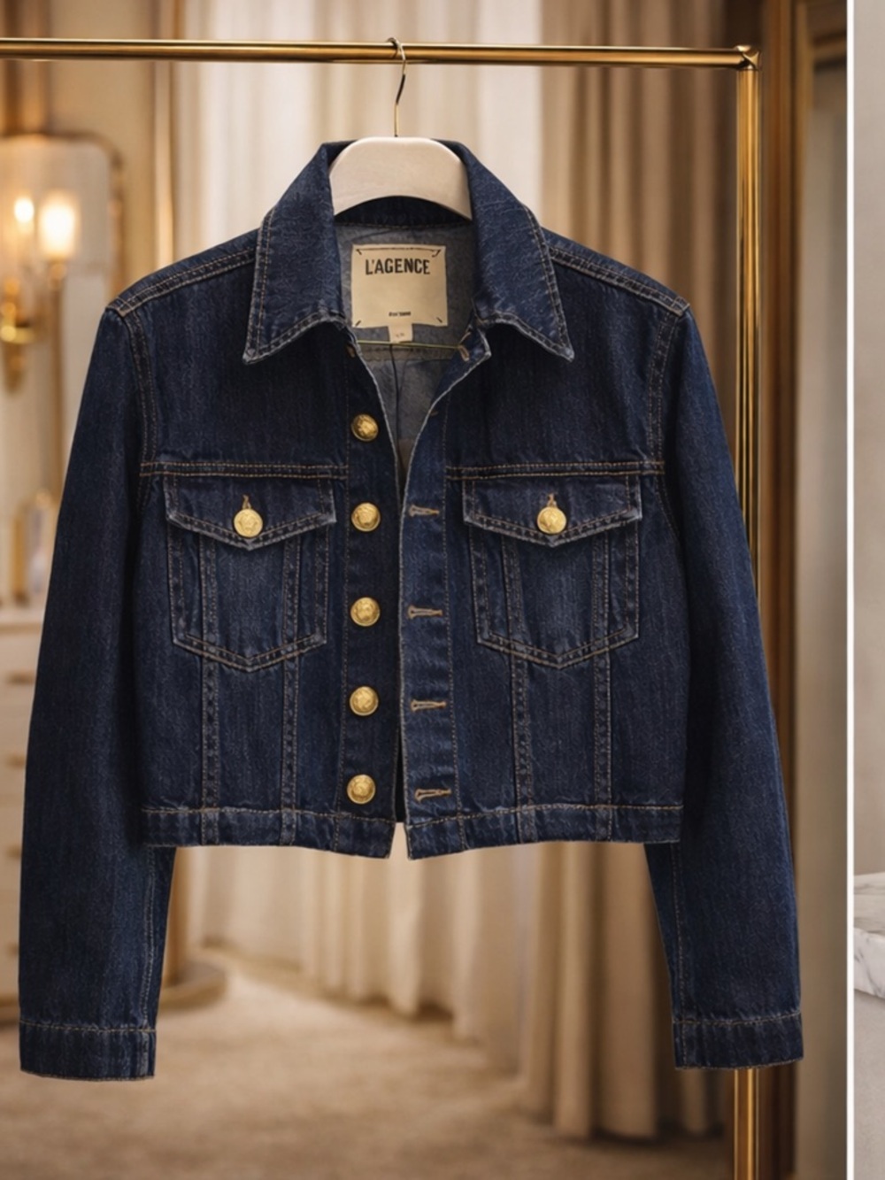 L’AGENCE Genevieve Cropped Denim Jacket | SOLD OUT | Gold Button | Size L | NWT